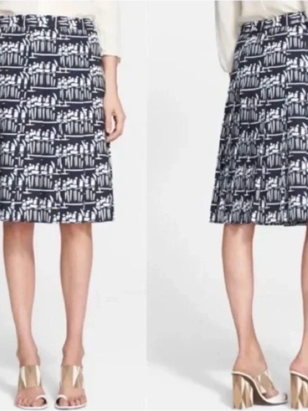 Tory Burch Navy and White Graphic A-Line Skirt